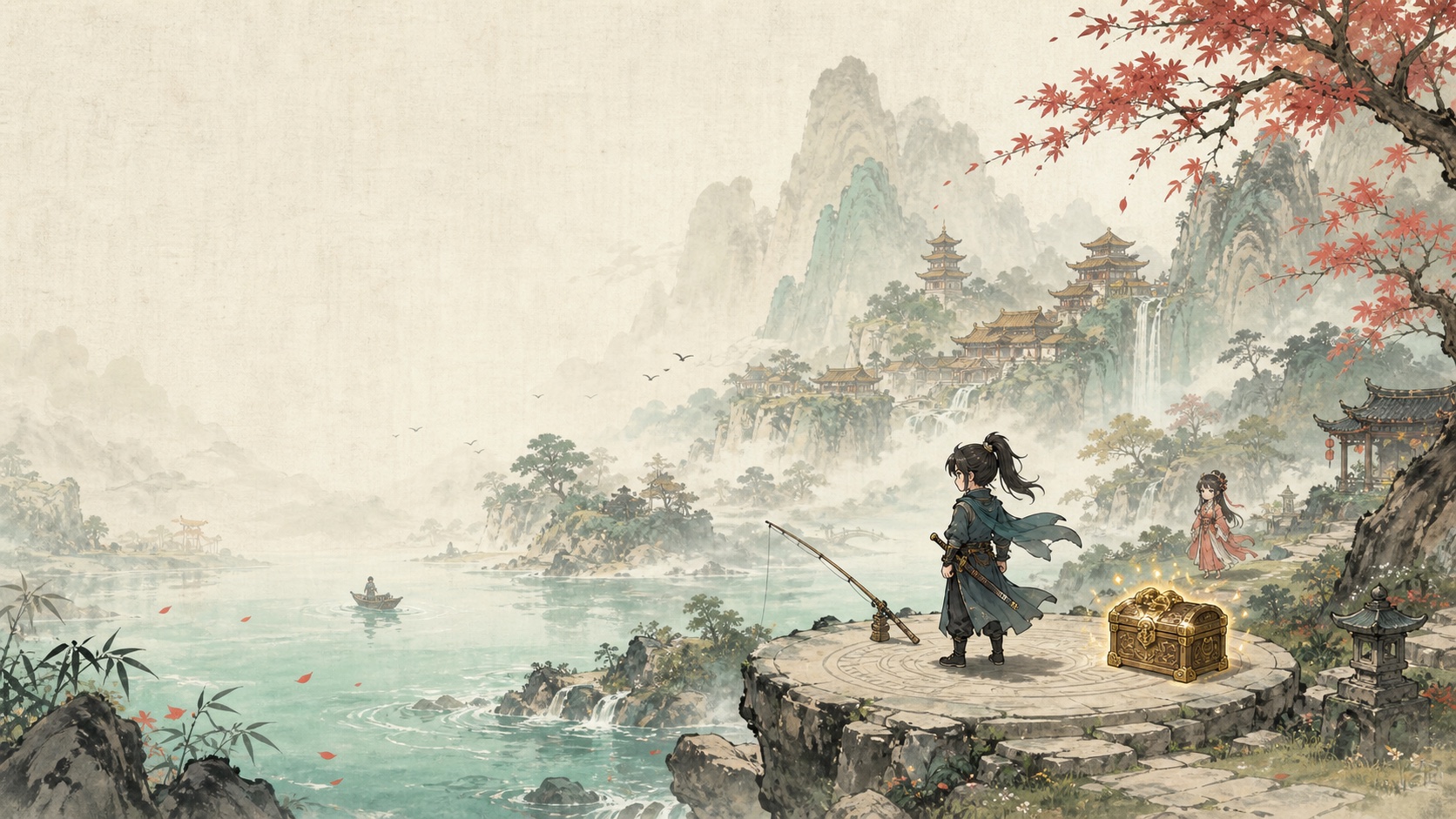 山水之间临江垂钓的武侠主题插画